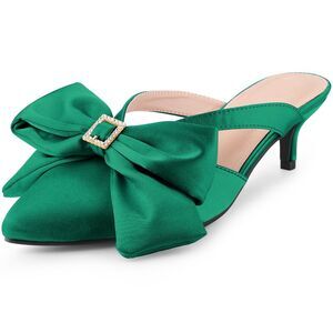 Bow Rhinestones Kitten Heels Satin Slide Mules Dark Green